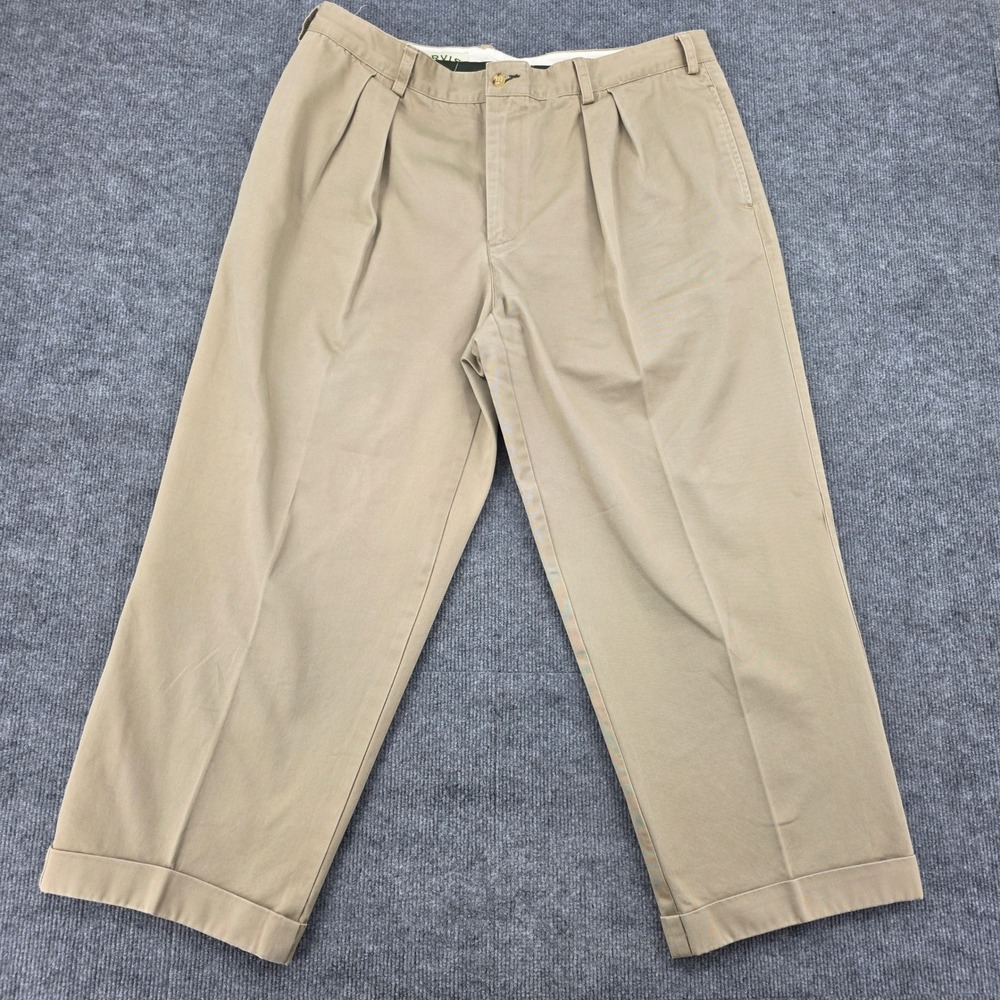 Orvis Mens 42 Pleated Khaki Chino Pants Heavy Cotton Twill Cuffed Tan Tailored